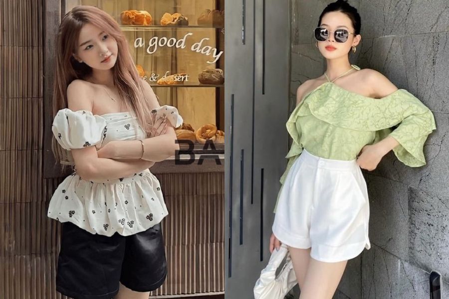 Áo trễ vai cùng quần short kaki