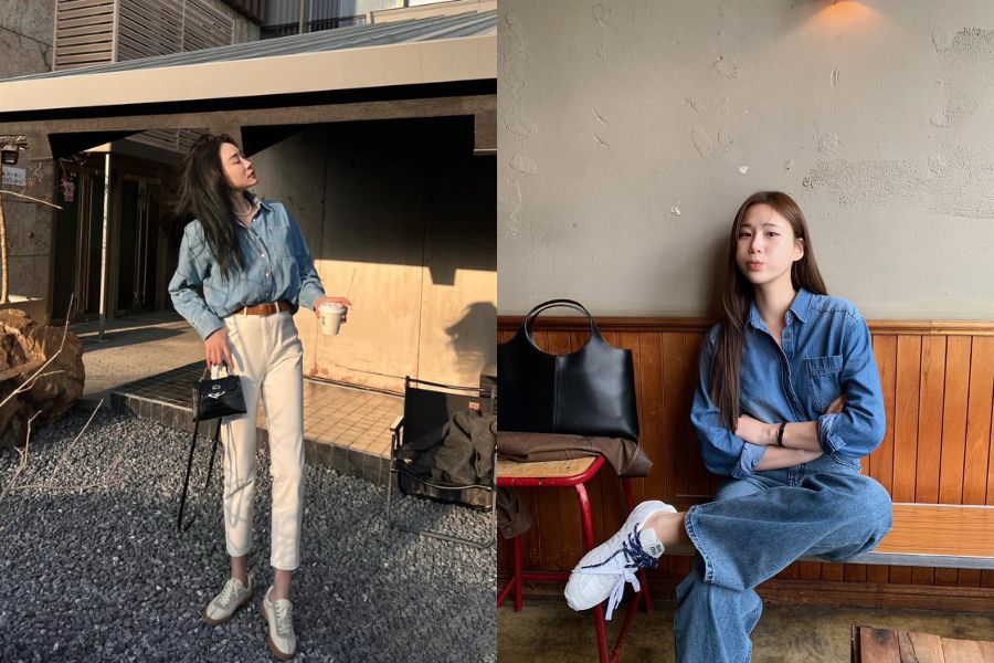 áo sơ mi denim phối quần ống đứng