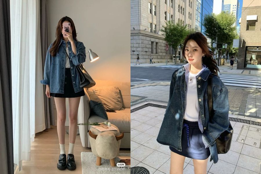 Chân váy chữ A mix áo khoác jean thời thượng