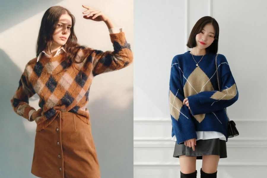 Áo len/sweater họa tiết ô kim cương