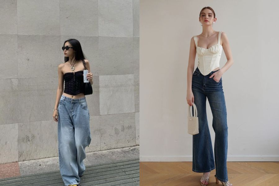Quần jeans phối áo corset sành điệu