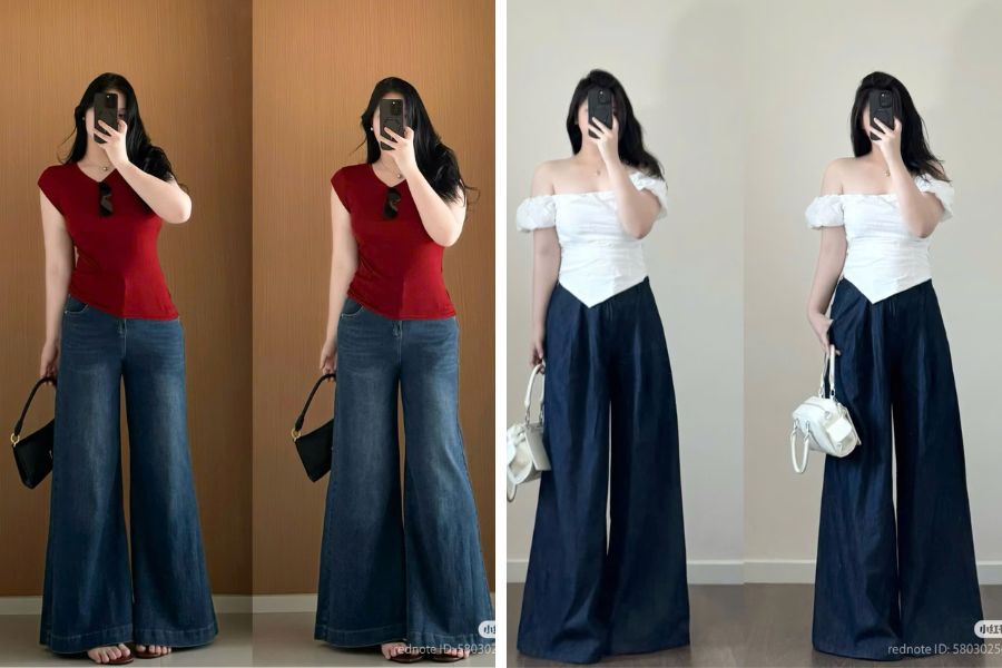 Mẫu áo trễ vai ôm body dáng ngắn mix với quần jeans ống loe màu xanh đậm