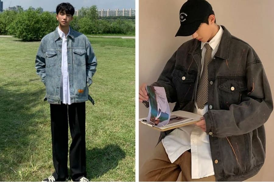 Kết hợp quần baggy áo sơ mi nam cùng khoác denim cá tính cho các chàng