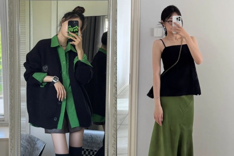 outfit xanh lá phối màu đen