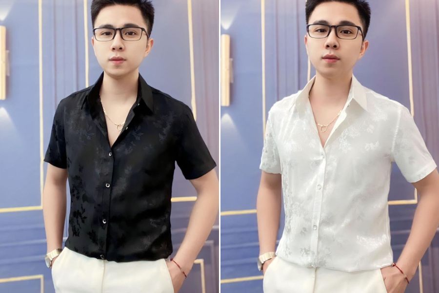 Áo sơ mi vải gấm tay ngắn