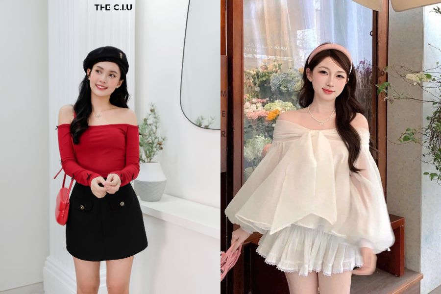 Áo trễ vai phối với chân váy ngắn