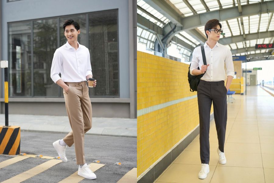 quần tây phối áo sơ mi basic