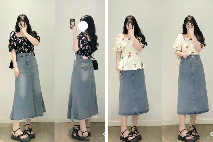 Mẫu chân váy jean dài màu xanh khói cùng áo thun hoa nhí