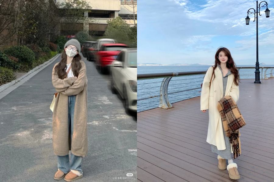 Áo len cổ cao + áo cardigan dáng dài + chân váy