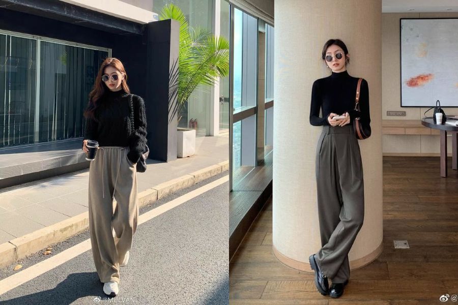 Áo len cổ lọ phối quần ống rộng