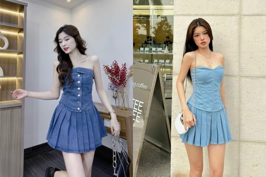 Áo croptop cúp ngực denim phối váy xoè ngắn xếp ly