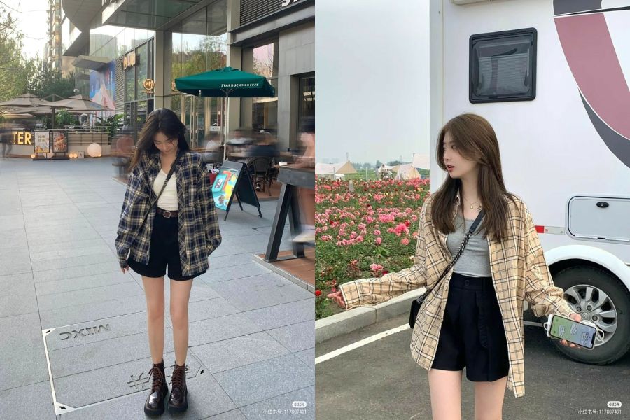 Quần short mix cùng sơ mi caro