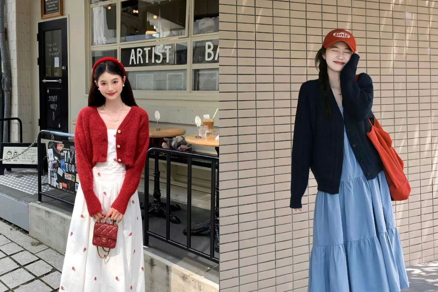 Cardigan dáng dài mix váy suông cho outfit thanh lịch chuẩn Hàn