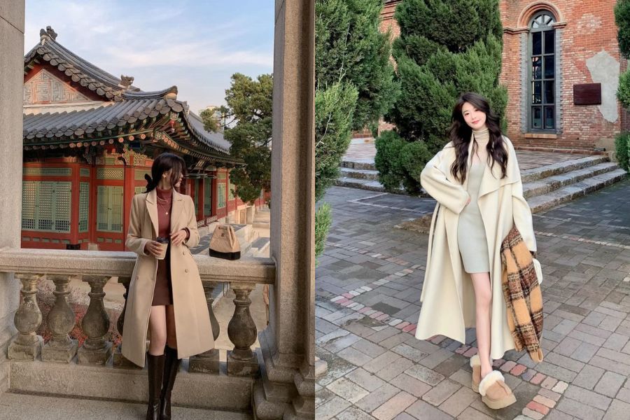 Áo khoác dạ dáng dài mix đầm len body