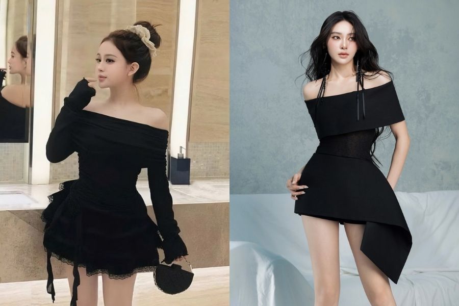 Váy xòe liền thiết kế trễ vai cho dáng quả táo