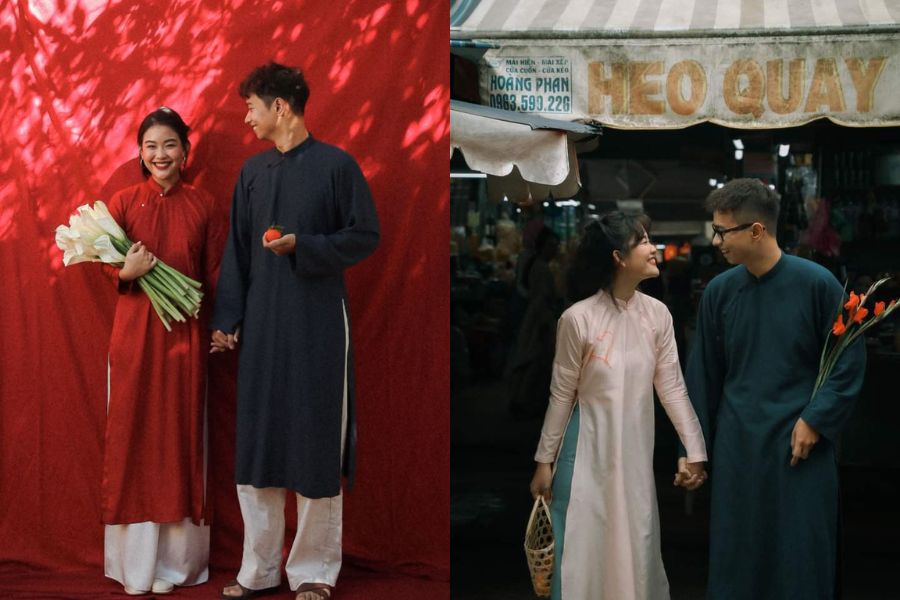 Cách tạo dáng chụp ảnh áo dài Tết tình tứ cho cặp đôi