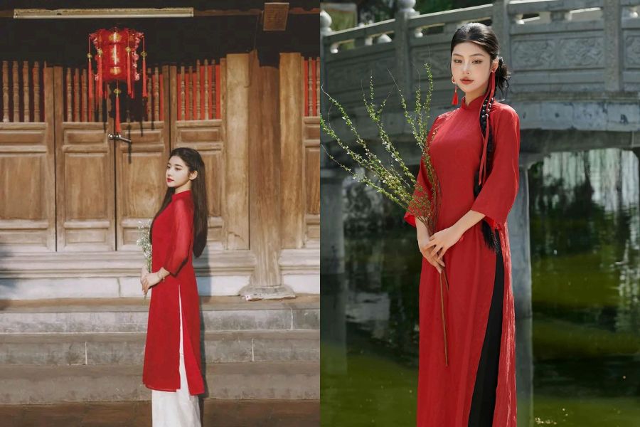 Tạo dáng chụp ảnh áo dài Tết chắp tay trước bụng