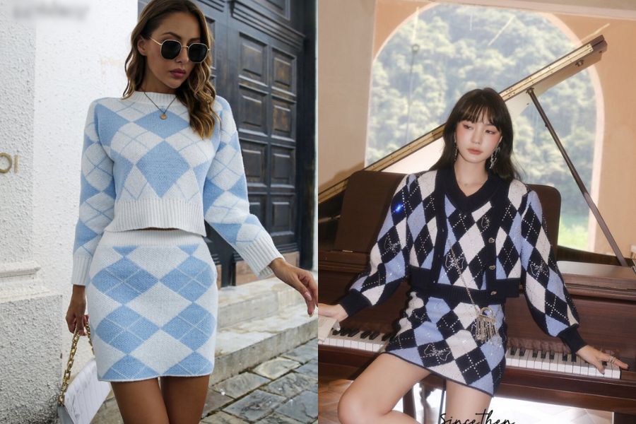 Set đồ ton-sur-ton theo màu sắc trong họa tiết ô kim cương