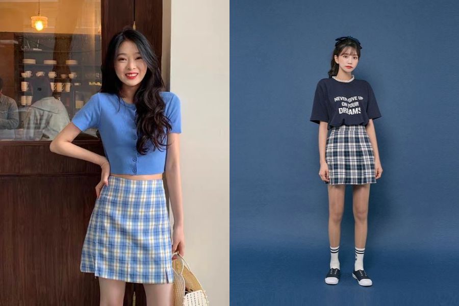 Áo croptop thun phối chân váy xoè ngắn hoạ tiết caro