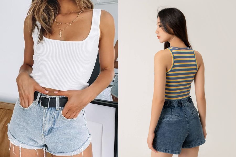 Áo len sát nách phối shorts jean năng động