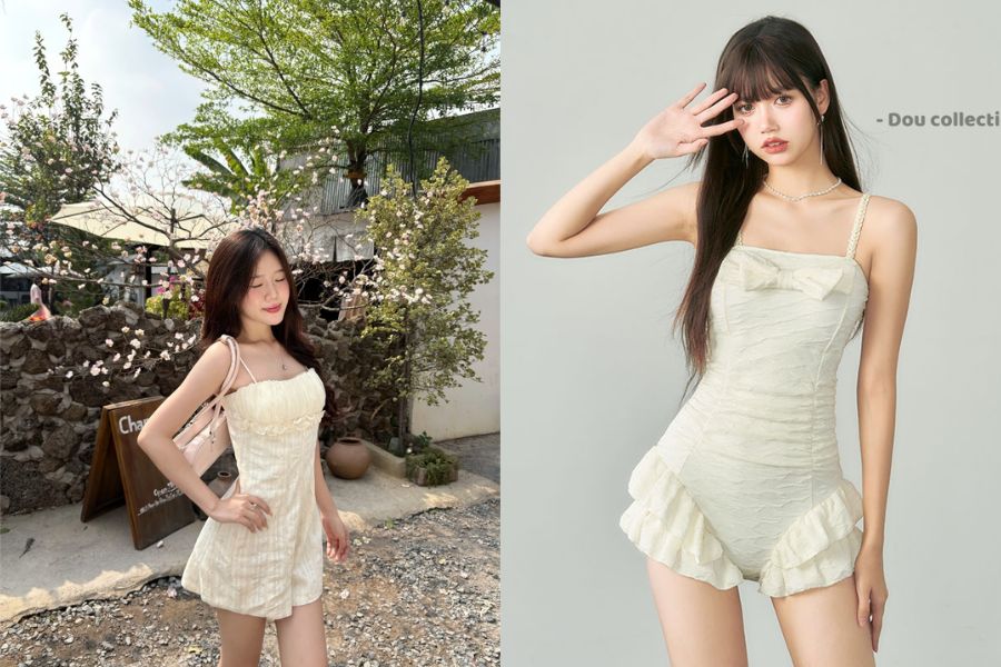  jumpsuit hoạ tiết hai dây bèo nhún nữ tính