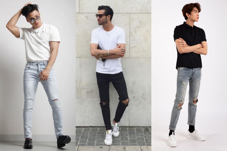 Phối quần jean zipper nam với áo thun