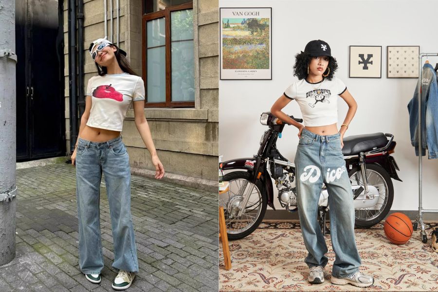 áo thun babytee với quần jean ống rộng