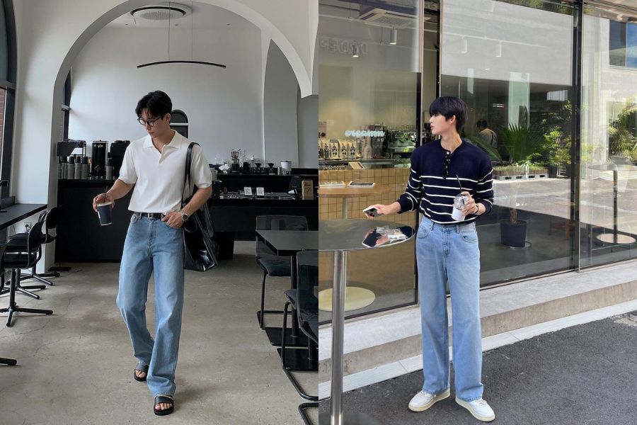 Áo polo phối quần jeans ống suông đi đám cưới