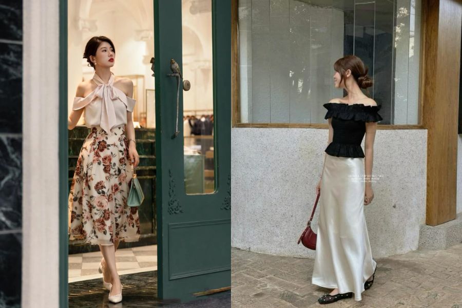 chân váy dài vintage xoè bông phối áo trễ vai