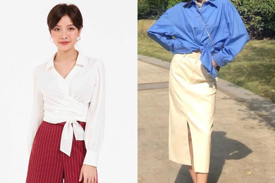 Cách buộc vạt lệch một bên cho áo sơ mi nữ
