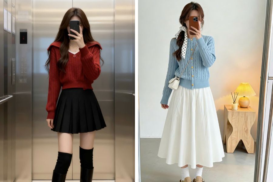 Các nàng chọn mẫu áo sweater dáng crop ngang eo hoặc rốn, dáng ôm vừa vặn