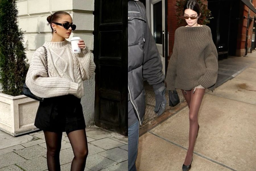 Tất đen mỏng phối áo len dáng dài