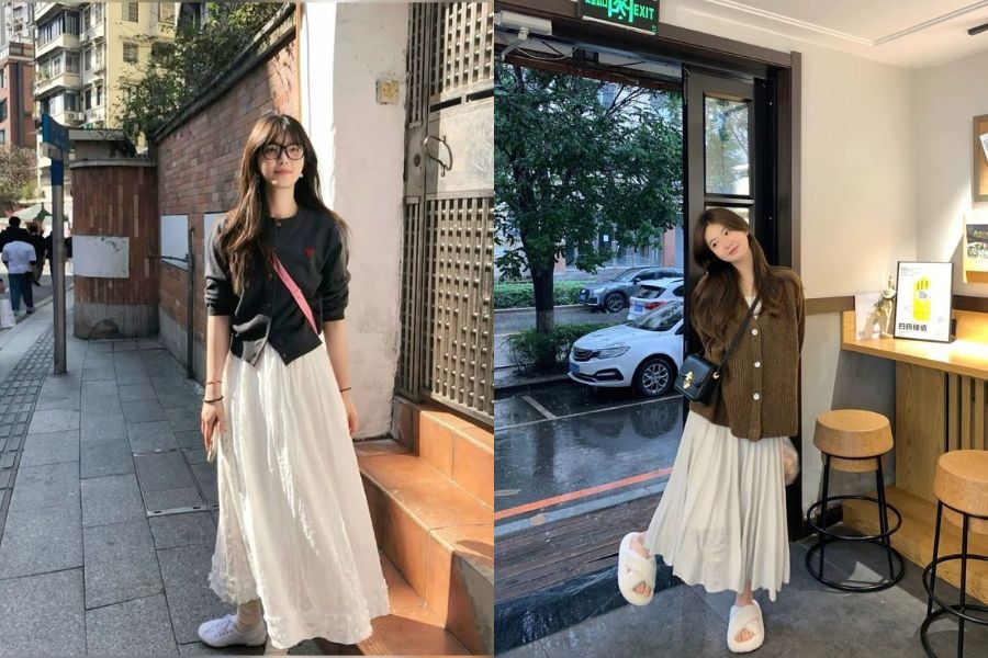 Cardigan đi cùng váy maxi dịu dàng