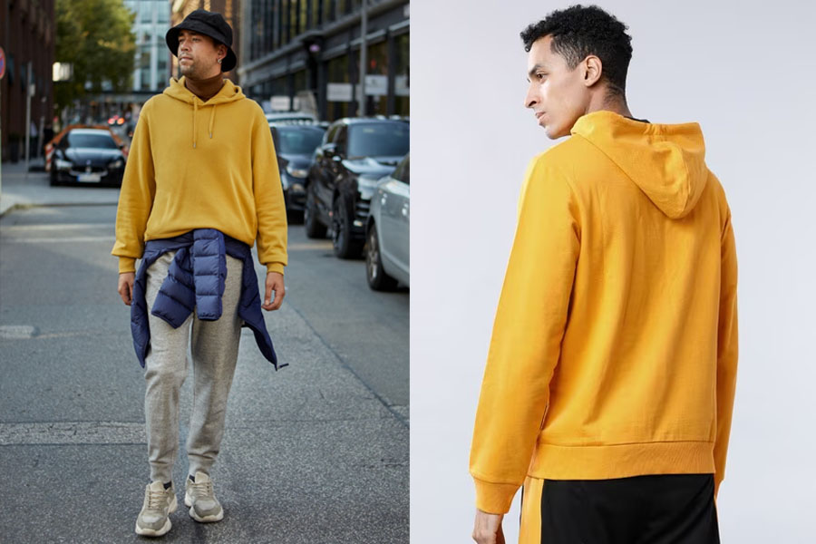 Áo hoodie vàng phối cùng quần thể thao nam