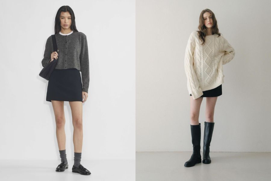 Áo len oversize + chân váy chữ A