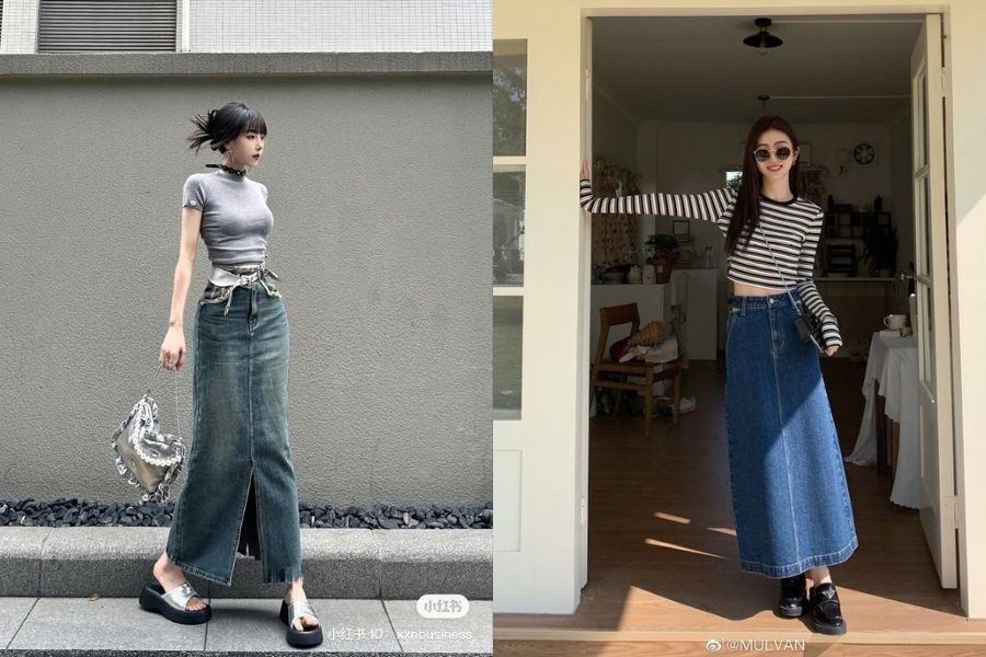 Chân váy dài denim