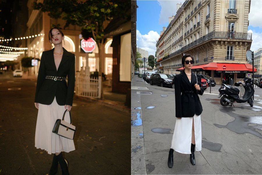 Chân váy dài mix áo blazer