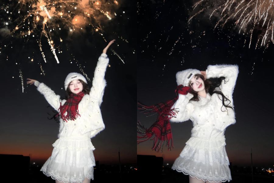 tạo dáng tay giơ lên khi chụp ảnh pháo hoa đêm giao thừa