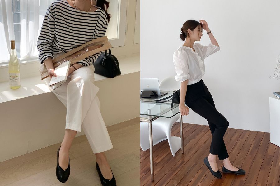 Phối quần tây áo sơ mi với giày búp bê mũi nhọn