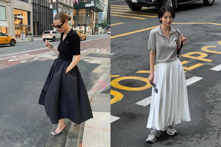 Áo polo phối chân váy xoè cách điệu 