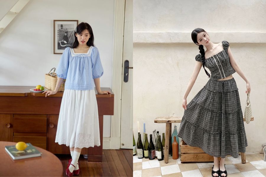 Áo kiểu phối chân váy midi