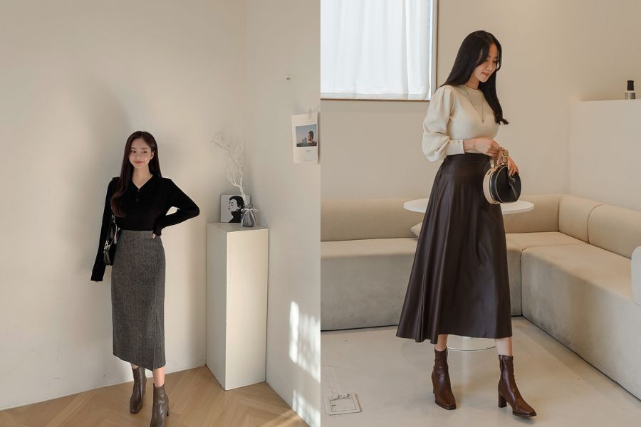 Giày boots phối chân váy dài