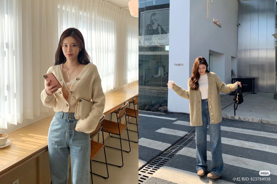 Cardigan croptop cùng quần jean ống rộng