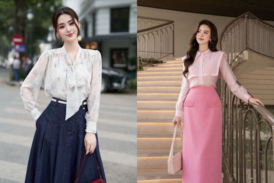 Phối áo sơ mi tay dài và chân váy