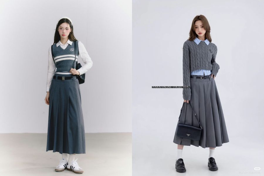 Áo len cổ sơ mi phối với chân váy xếp ly dài