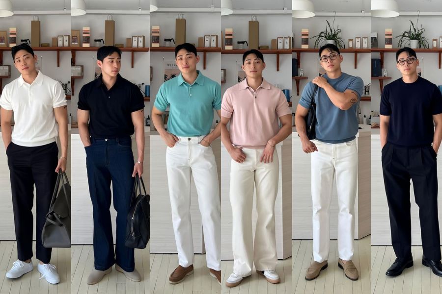 Áo Polo ôm body mix quần Jeans tối màu