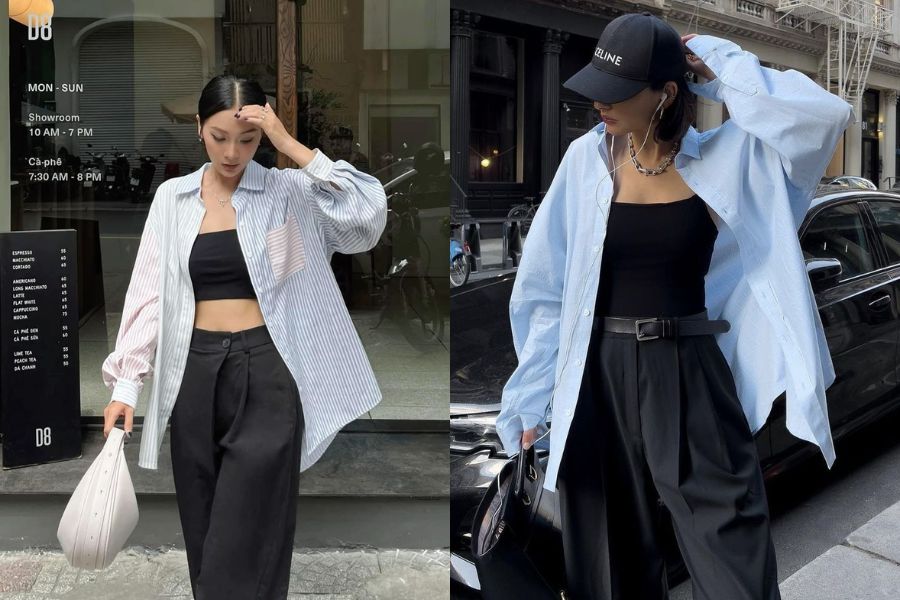 Áo hai dây và áo sơ mi oversize 