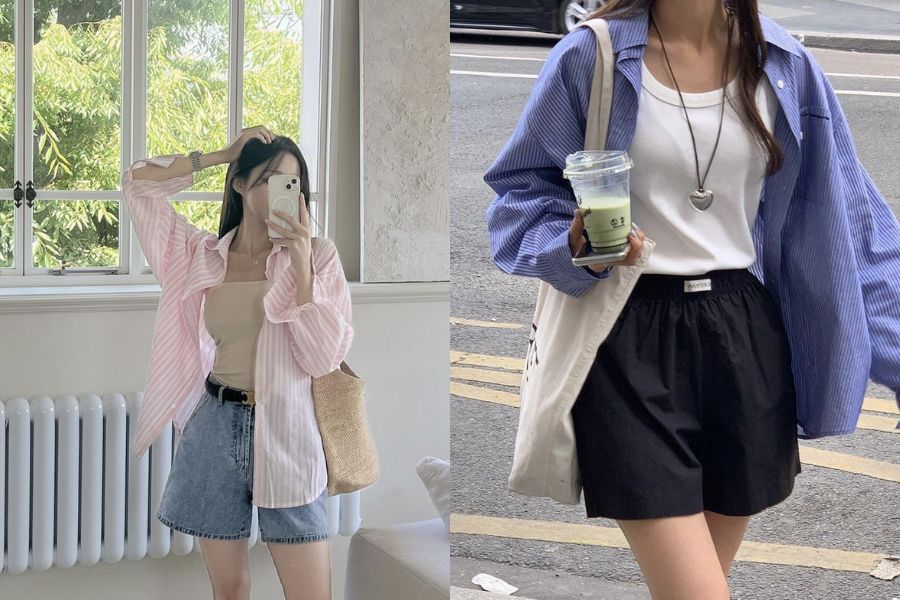 Áo sơ mi khoác ngoài, phối áo hai dây và quần short