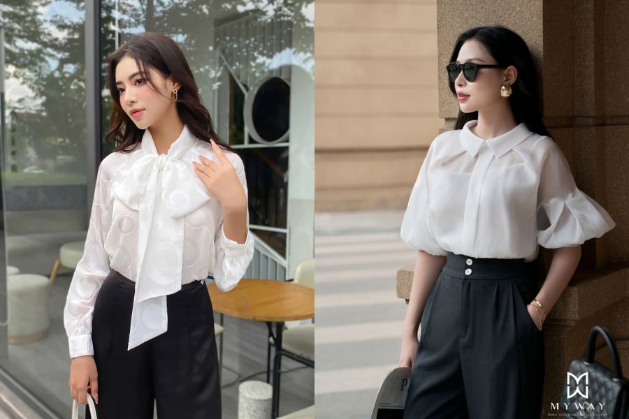 Quần tây với áo sơ mi voan