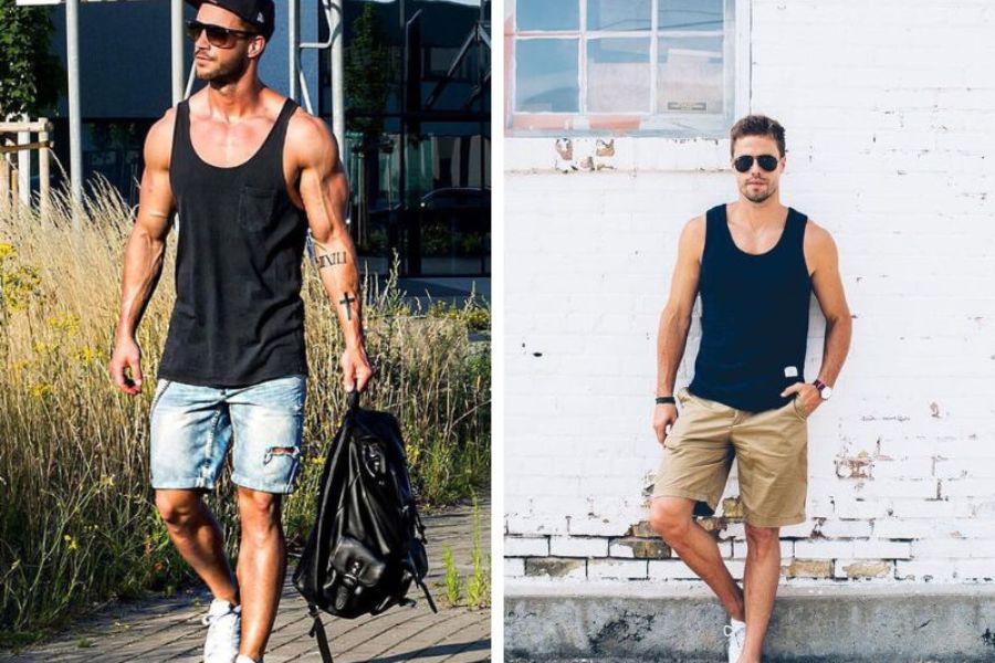 Áo tanktop (áo ba lỗ) mix với quần short nam đi biển